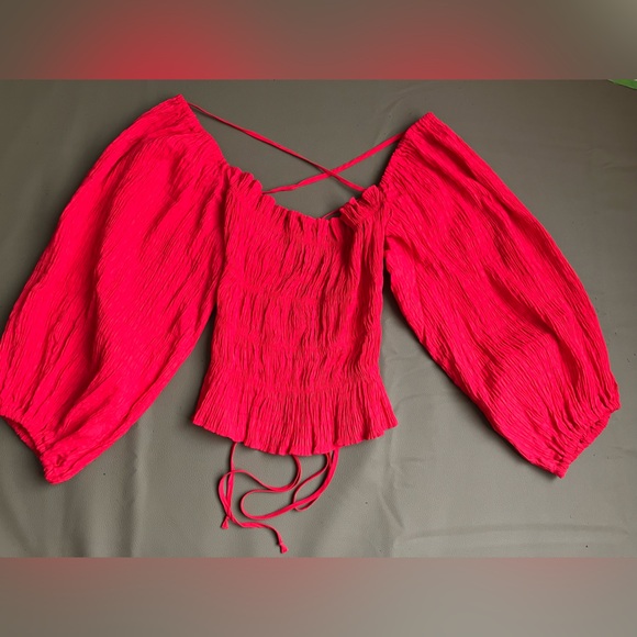 Urban Outfitters Tops - NWT Urban Outfitters Red Smocked Lace-Up Peasant Crop Top Balloon Sleeve M